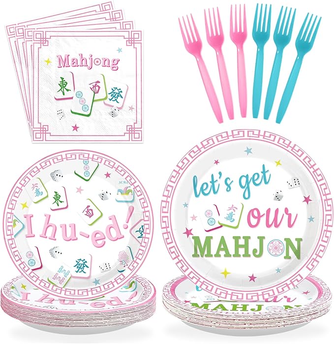 96Pcs Mah-jong Party Supplies Mah Jong Plates and Napkins Mah-jongg Chinese Game Tableware Set for Asian-Themed Gatherings Game Nights Bridal Showers Birthday Party Supplies Serves 24