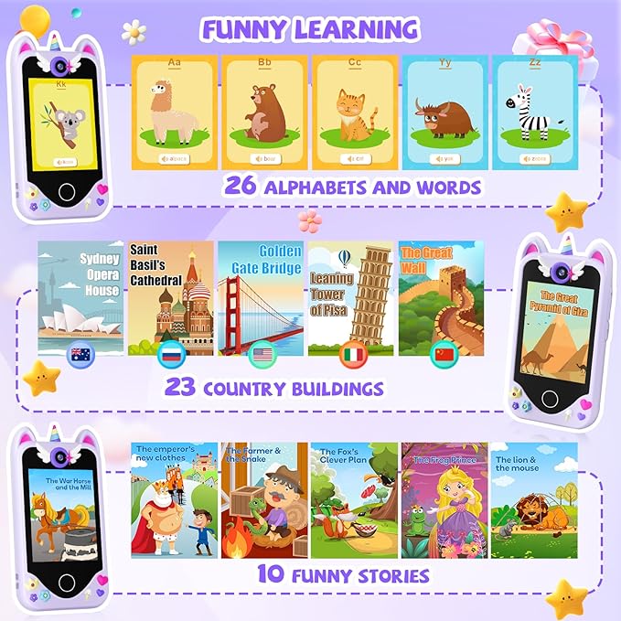Kids Smart Phone for Girls - Toddler Christmas Birthday Gift, Pretend Phone with Touchscreen, Dual Cameras, Learning, Music Player, Games, 32GB Card, Ages 3-10, Unisex