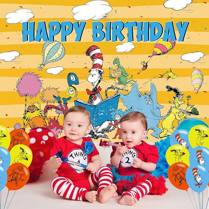 Seuss Cat Birthday Party Decoration,Photo Background 5 x 3 FT, 18 Pcs Balloons,Dr Cat Merch Party Backdrop Supplies