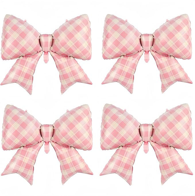 4Pcs Pink Plaid Bow Balloons 38"/Gingham Bowknot Foil Balloons for One Silly Goose Decor for Girl Baby Shower, Picnic, Girly Room & Sweet Party Decorations/coquette Party Supplies