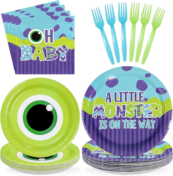 96Pcs Monster Baby Shower Party Supplies Monster Theme Party Plates and Napkins Disposable Green and Purple Cartoon Tableware Set for Kids Birthday Baby Shower Decorations Serves 24