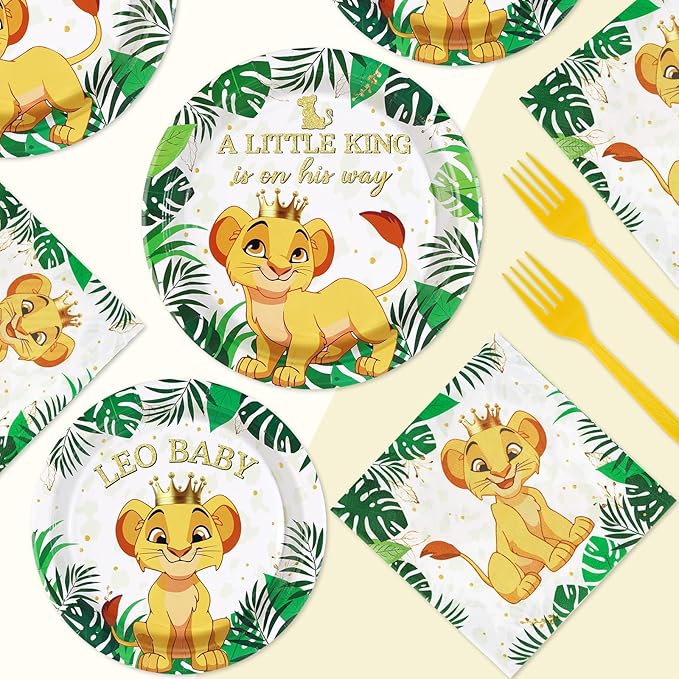 96 PCS Lion Baby Shower Supplies - 350GSM Jungle Lion Party Plates, Napkins & Tableware Sets - A Little King is on His Way - Safari Baby Shower Birthday Party Favors - Serves 24