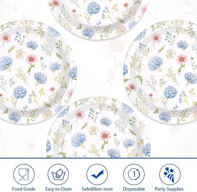 50Pcs Hydrangea Paper Plates 9 Inch Heavy Duty Blue and White Vintage Floral Dessert Plates Spring Tea Party Dinner Plate for Tea Wedding Bridal Baby Shower Birthday Bachelorette Party Decorations
