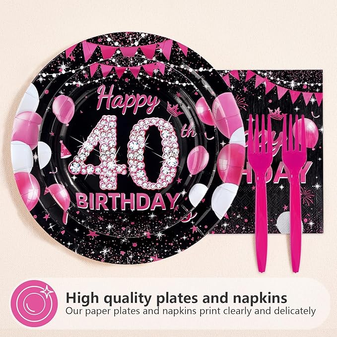 96Pcs 40th Birthday Party Supplies Black and Hot Pink Plates Forks and Napkins Diamond Sweet Theme Disposable Paper Tableware Set for Women 40 Year Old Birthday Party Supplies Serves 24