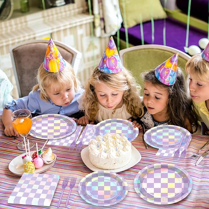 96Pcs Iridescent Birthday Party Supplies Purple Checkered Paper Plates Napkins Holographic Party Tableware Set Sparkle Tableware for Birthday Baby Shower Bachelorette Decoration Serve 24