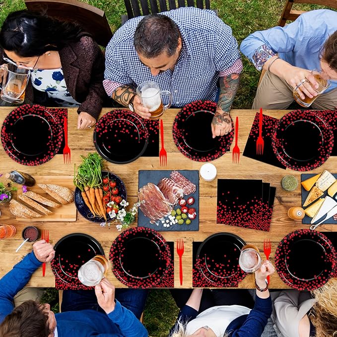 96 Pcs Black and Red Party Plates and Napkins Party Supplies Red Dot on Black Party Birthday Tableware Set Decorations Favors for Birthday Baby Shower Serves 24