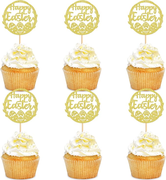 Ercadio 24Pcs Happy Easter Cupcake Toppers Glitter Golden Happy Easter Eggs Cupcake Picks for Easter Day Theme Baby Shower Easter Birthday Wedding Anniversary Party Cupcake Decorations