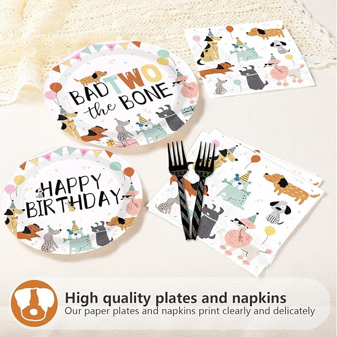 96Pcs Bad Two the Bone Party Supplies 2nd Dog Birthday Plates and Napkins Cute Cartoon Dog Theme Tableware Set for 2 Year Old Puppy Themed Birthday Party Supplies，Serves 24