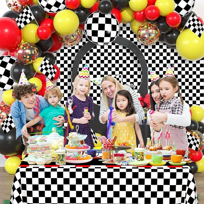 WNINK 4 Pack Racing Car Theme Rectangular Plastic Tablecloths, Car Disposable Table Covers 54" x 108" Black Checkered Flag Table Cloths for Race Car Birthday, Outdoor Picnic Parties Decorations
