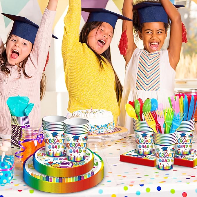 175 Pcs Kindergarten Graduation Tableware Set Party Supplies - Serves 25, Colorful Kindergarten Grad Disposable Plates, Cups, Napkins, Forks, Spoons, Knives for Kids School Graduation Decorations