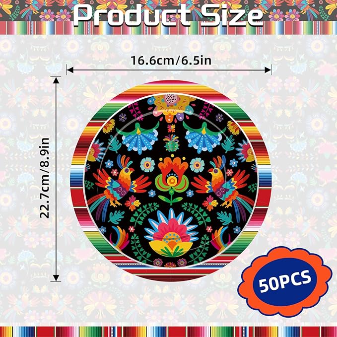 Pack of 50, 9-Inch Mexican Fiesta Paper Plates, Colorful Floral and Serape Stripe Design, Disposable Plates for Tacos, Snacks, Desserts, Cinco de Mayo Party Supplies, and Birthday Table Decorations