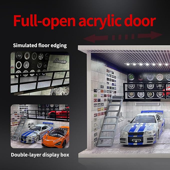 1:24 Scale Die-cast Model Car Display Case with Parking Lot Scene for Jada and Lego Collectors, Diorama Garage for Alloy Sport Car Model Toy with USB Lights and Acrylic Cover, 4 Parking Spaces