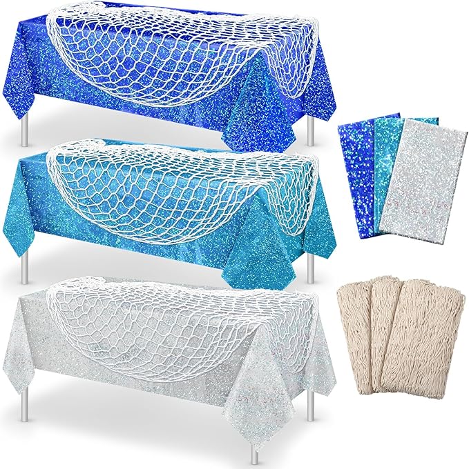 Unittype 6 Pcs Fish Net Decorative and Tablecloth Set, Cotton Fishnet and Plastic Table Cover Decorations Set for Nautical Themed Party Baby Shower Pirate Decorations Mermaid Party (Laser Ocean)