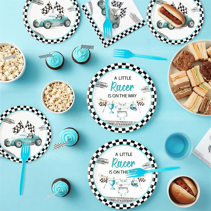 96Pcs Race Car Baby Shower Party Plates Supplies A Little Racer Is On The Way Racing Car Party Tableware Decorations Disposable Paper Plates Napkins Forks for Kids Birthday, Serves 24