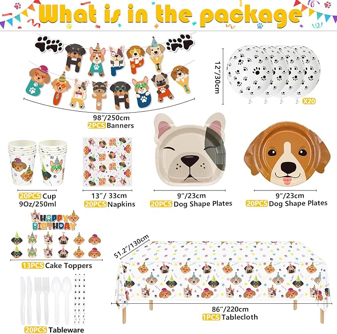Dog Birthday Party Supplies - Cut Puppy Dog Paw Party Supplies for Doggy, Kids, Birthday Includes Plates, Cups, Napkins, Tableware, Tablecloth, Banner, Balloons, Cake Toppers - Serves 20