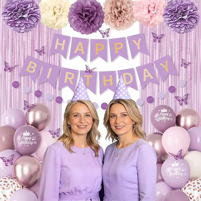 Dusty Purple Birthday Decorations for Women Girls, Lavender Pink Sand Rose Gold Metallic Printed Balloons Butterfly Stickers Fringe Curtain Happy Birthday Banner Circle Dot Paper Pompom Party Supplies