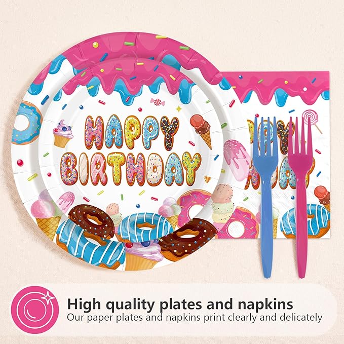 96Pcs Donut 6 7 Birthday Decorations 6/7 Birthday Plates and Napkins 67 Themed I was 6 Now I'm 7 Disposable Paper Tableware Set for Kids Boys Girls 6-7 Year Old Party Supplies Serves 24