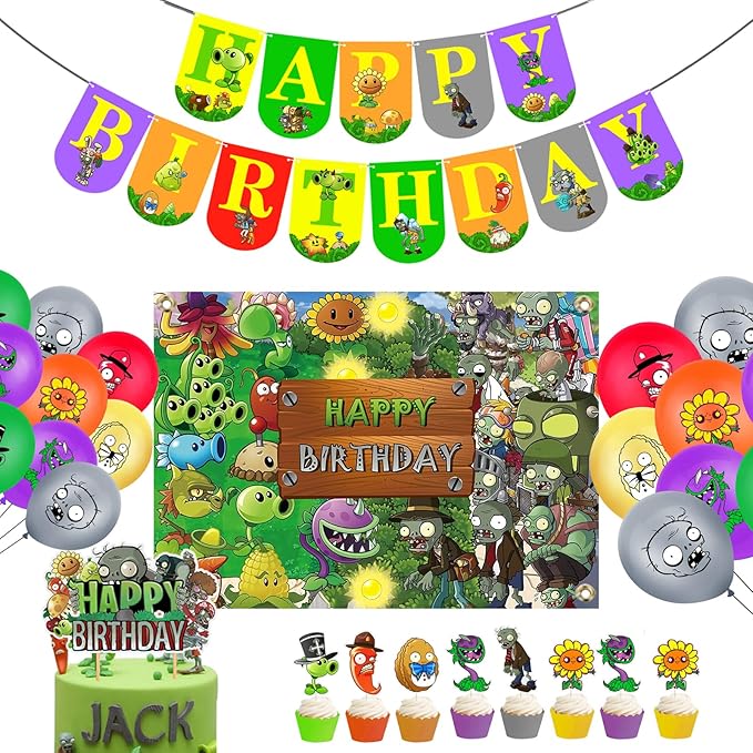 Plants Game Theme Birthday Party Supplies Decoration Kit with Happy Birthday Zombies Banners, Cake-Cupcake Topper, Balloons for Kids Boys Game Players PVZ Party Decor