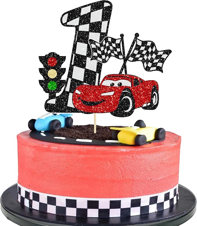 Gyufise 1Pc Car Cake Topper Race Car First Birthday Cake Decorations for Racing Car Checkered Flag Themed Kids Boy Girl Happy Birthday Party Supplies