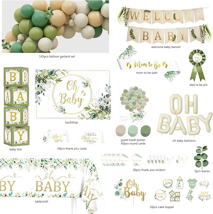 Sage Green Baby Shower Decorations, Gender Neutral Baby Shower Decorations, Greenery BabyShower Party Supplies, Oh Baby Backdrop Tablecloth Balloon Garland BABY Box Welcome Baby Banner
