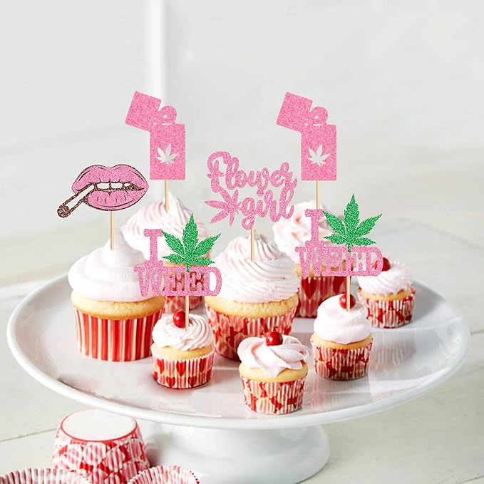 Ercadio 24 PCS Have a Dope Birthday Cupcake Toppers Pink Pot Leaf Weed Leaves Cupcake Picks Marijuana Dope Themed For Smoking Enthusiast Girl Birthday Party Supplies
