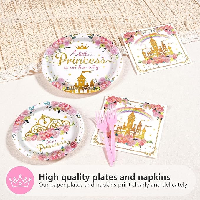 Grencian 96Pcs Princess Baby Shower Birthday Party Decorations A Little Princess is on Her Way Paper Plates and Napkins Castle Themed Birthday Tableware for Girls One Year Old Fairytale Party Supplies