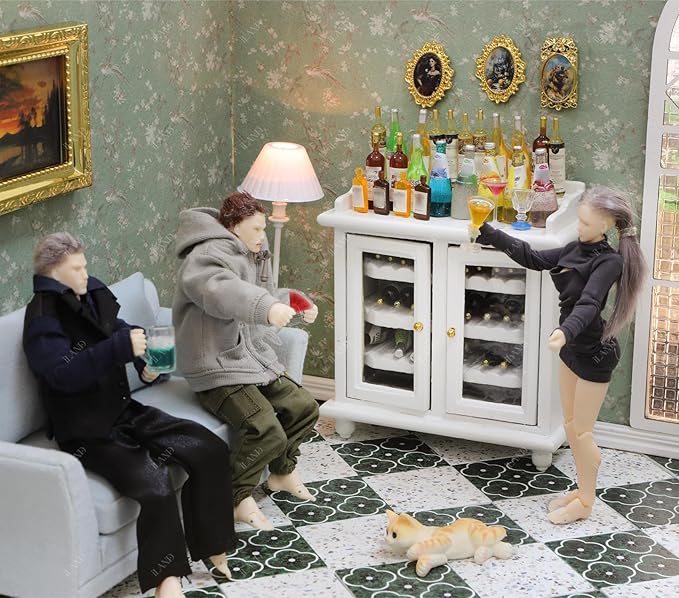 iLAND Dollhouse Furniture Mini Wine Cabinet Dollhouse Kitchen 1 12 Scale Furniture for Miniature Wine Bottles Wooden Doll House Shelf Mini House Décor Realistic Classic