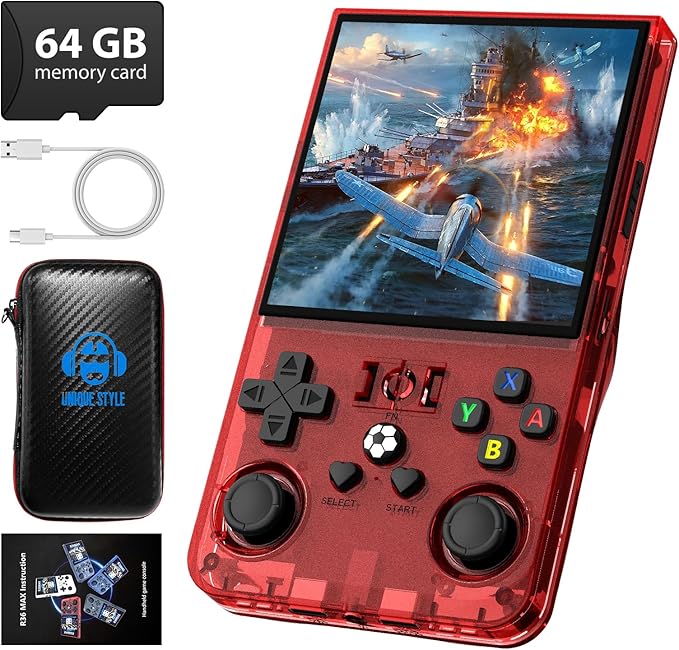 R36MAX Retro Handheld Game Console, 4.0 Inch 720x720 IPS Screen, 64GB Built-in 18,000+ Classic Game, Portable Hand Held Open Source Linux System, 4000mAh Battery Retro Gaming Console(Red 64GB)