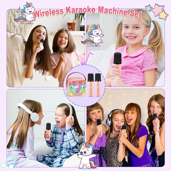 Mini Karaoke Machine for Girls : Unicorn Kids Girls Easter Birthday Gifts Age 3-12+ Basket Stuffers LED Portable Bluetooth Speaker with 2 Wireless Microphone Gift for 4 5 6 7 8 9 Years Old Girl Kid