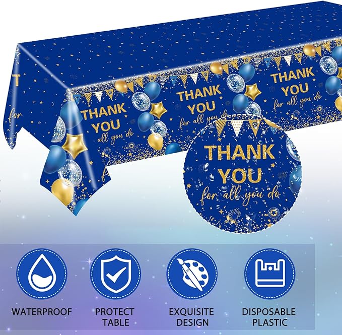 41Pcs Blue Gold Thank You Decorations Thank You for All You Do Tableware Disposable Paper Plates Napkins Tablecloth丨Teacher Employee Staff Doctors Nurse Pastor Appreciation Week Party Decor,Serve 20