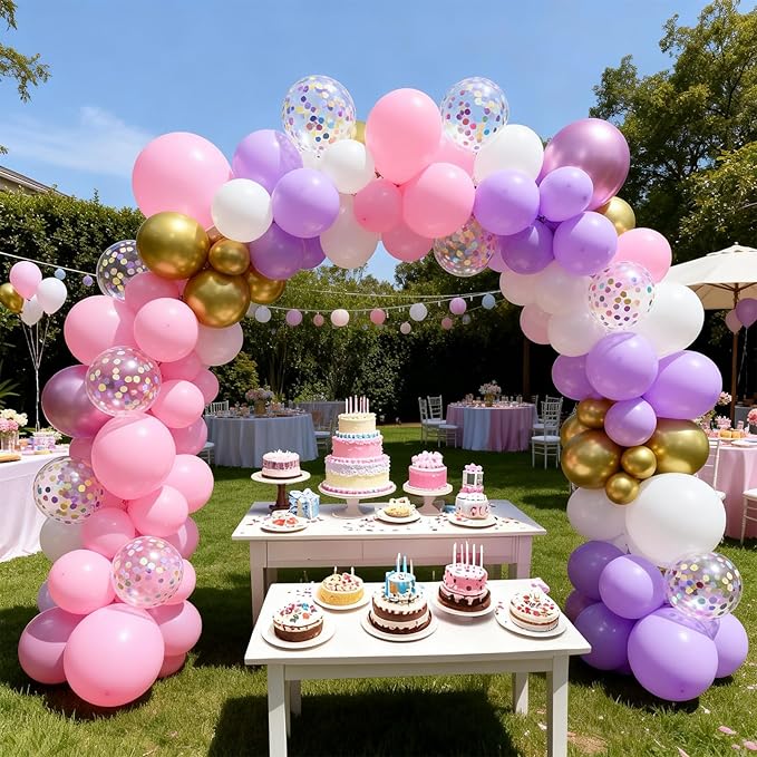 FunHot Pink Purple Balloons, 50 Pcs Metallic Gold Pink Balloon, 12 Inch Pastel Purple Colorful Confetti Latex Balloons for Girls Baby Shower Wedding Women Birthday Anniversary Butterfly Party Decor