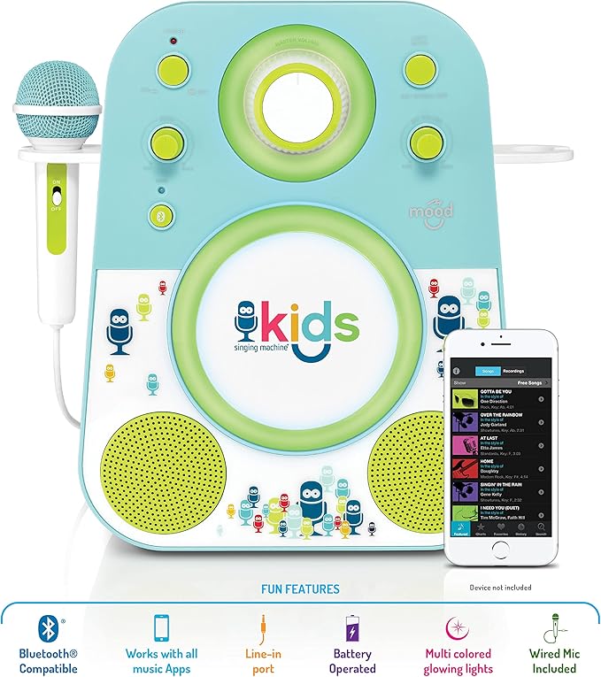 Singing Machine Kids SMK250BG Mood LED Glowing Bluetooth Sing-Along Speaker with Wired Youth Microphone Doubles as a Night Light, Blue/Green