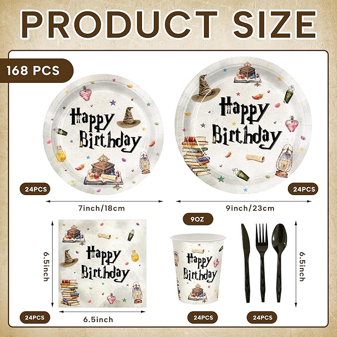 168pcs Magical Wizard Plates Napkins Birthday Party Decorations Disposable Paper Cups Tableware Set Magical Party Supplies for Kids Boys Birthday Decor 24 Guests