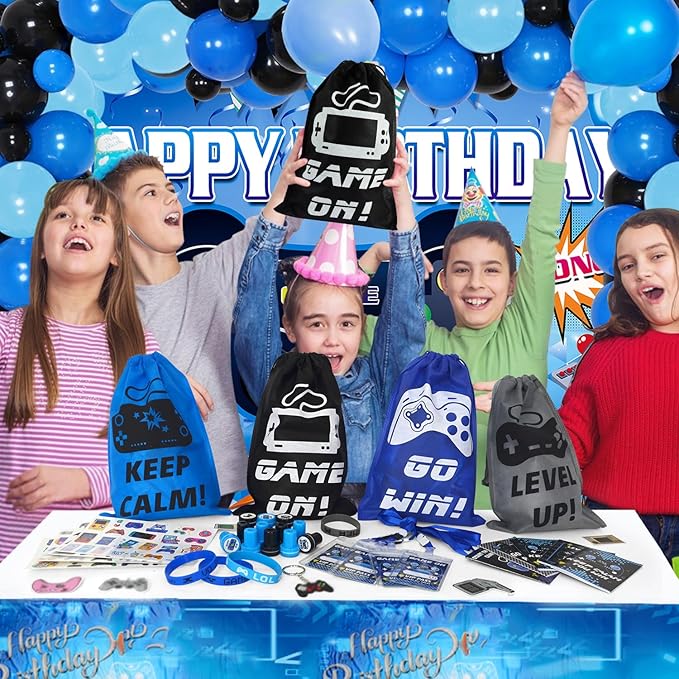 KISPATTI 126 PCS Video Game Party Favors, Gaming Birthday Party Favors with Drawstring Bags VIP Pass Tickets Stamper Notebook Game On Party Favor Bags Gamer Party Supplies