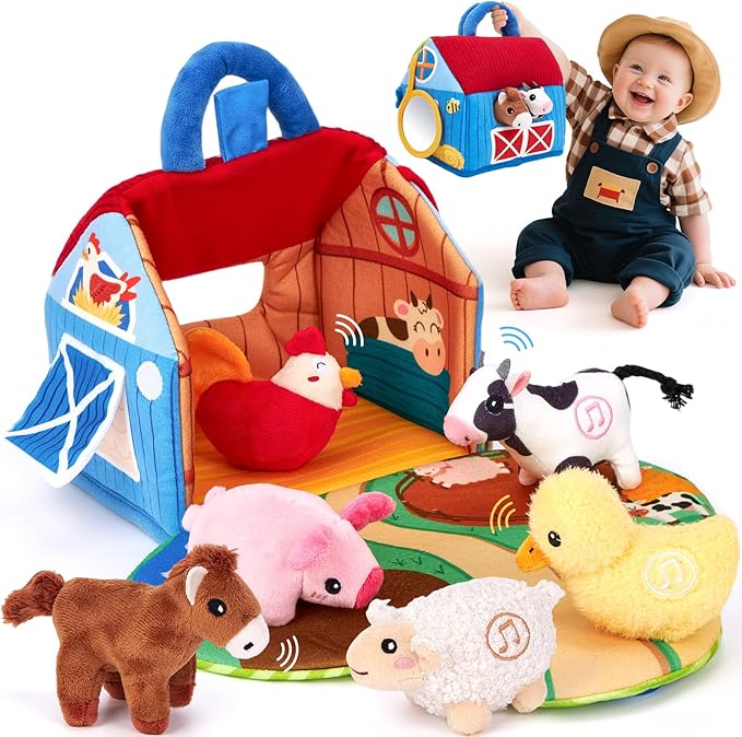 hahaland Baby Toys 6-12 Months - Surprise Barn with Stuffed Farm Animals with Real Sounds - Montessori Toys for 6 Month Old Baby 1 Year Old Boy Girl Gifts Toddlers Sensory Toy Easter Basket Stuffers