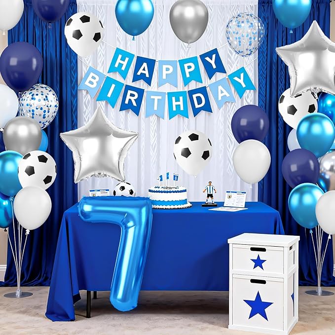 7th Soccer Birthday Party Decorations for Boys, Soccer Theme Party Decorations with Blue White Silver Balloons 'HAPPY BIRTHDAY' Banner 32in Foil 7 Balloon for Boy Kids Men Birthday Baby Shower Decor