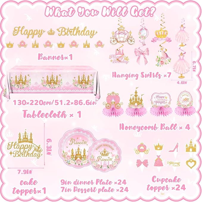 196Pcs Princess Birthday Party Decorations Serves 24,Pink Princess Birthday Themed Tableware Includes Scalloped Plates,Napkins,Tablecloth,Banner,Balloon,Cake Topper for Girls Princess Party Supplies