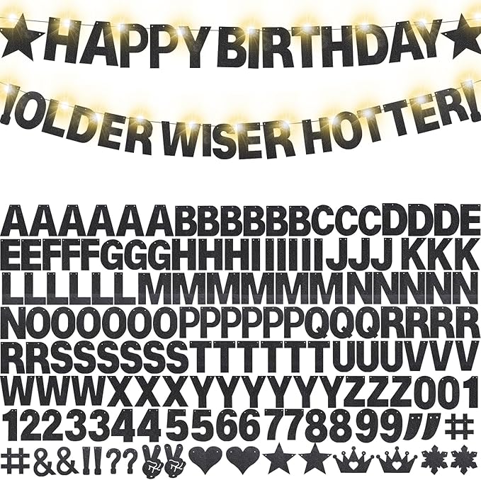 175Pcs DIY Glitter Customizable Banner Kit Happy Birthday Custom Letters Banner 30th Birthday Decorations Anniversary Personalized Banners Decor Death to My 20s Party Supplies (Glitter Black)