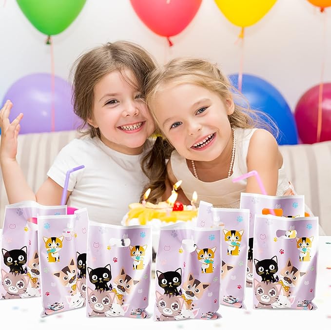 3sscha 50Pcs Cat Party Favor Bags Cute Kitten Themed Purple Waterproof Goodies Cookies Bag with Die Cut Handles Animals Pet Paw Glossy Plastic Gift Pack for Kid Birthday Party Decoration Supplies