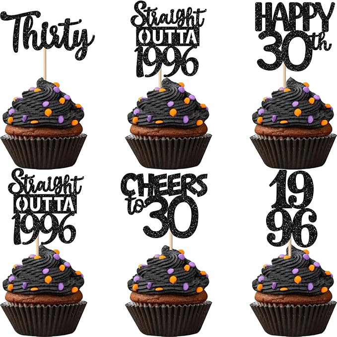 30PCS Black 30th Birthday Cupcake Toppers Glitter Thirty Happy 30th Straight Outta 1996 Cupcake Picks for Cheers to 30 Years 30th Birthday Wedding Anniversary Party Decoration Supplies