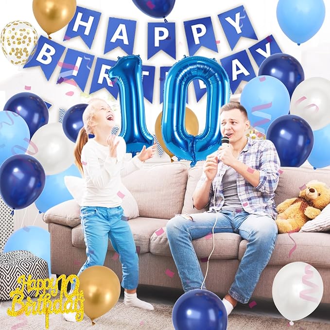 10th Birthday Decorations, Dark Happy Birthday Party Decorations With Number 10 Balloons Metallic Gold Pearl White Light Blue Fringe Curtain Banner Cake Topper For Boy Girl Party Supplies