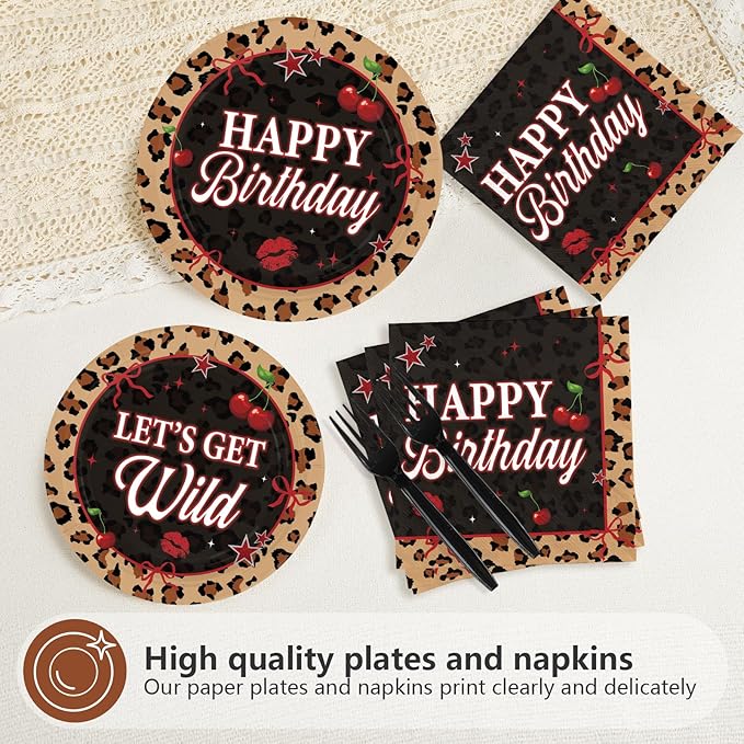 96Pcs Cheetah Print Birthday Decorations Cherry Leopard Plates and Napkins Tableware Sets Red Black Cheetah Platters for Leopard Safari Theme Girls Women Birthday Baby Shower Supplies Serves 24