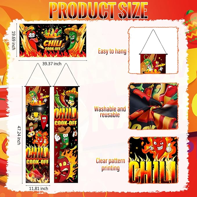 Moukeren 3 Pcs Chili Cook off Decorations 47.24 x 11.81 Inch Chili Cook off Hanging Porch Sign Hot Pepper Contest Banner 39.37x19.69 Inch Mexican Fiesta Cooking Party Supplies