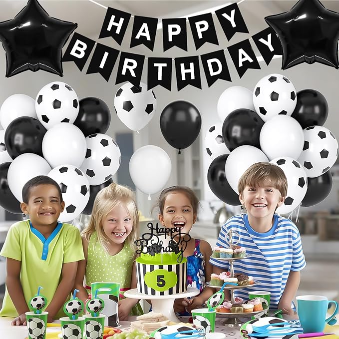 Soccer Birthday Party Decorations for Boys, Soccer Party Decoration with Black White Balloons Happy Birthday Banner Cake Toppers 18in Foil Balloon for Boys Men Girls Women Party Decor