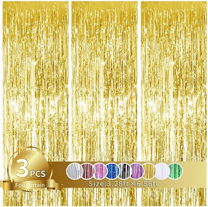 3Pcs Gold Metallic Tinsel Foil Fringe Curtains,3.28ft x 6.56ft Gold Photo Booth Backdrop Streamer Curtain,Photo Booth Props,Ideal Bachelorette Party Supplies, Birthday, Christmas,New Year Decorations
