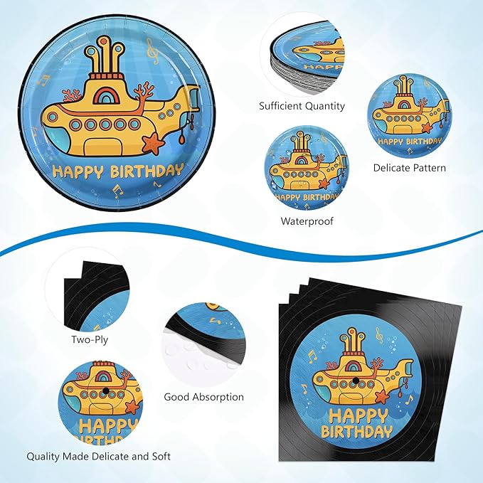 96 Pcs Submarine Theme Party Supplies Happy Birthday Plates and Napkins Retro Record Tableware Set for Boys Girls Adults Birthday Baby Shower Music Party Supplies, Serves 24
