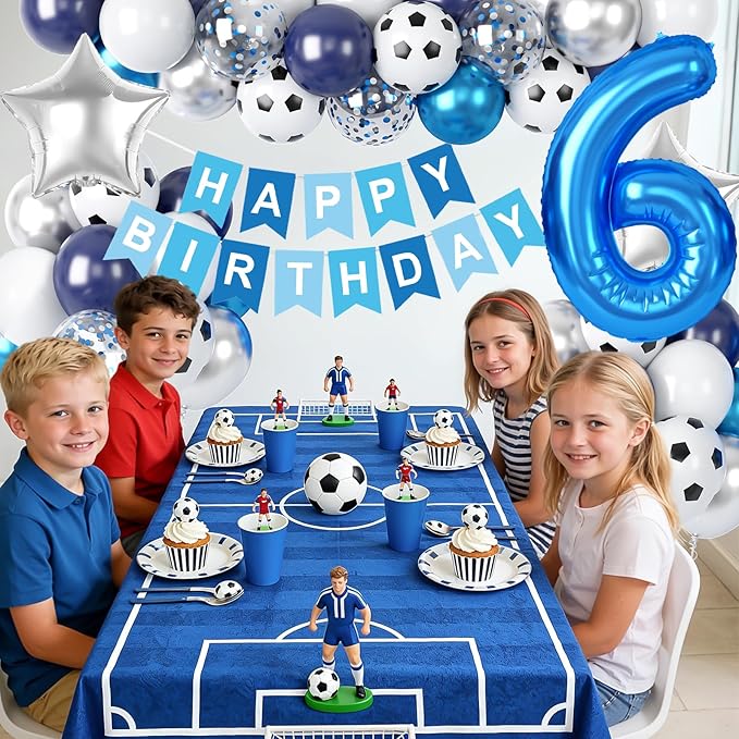 6th Soccer Birthday Party Decorations for Boys, Soccer Party Decorations Blue White Silver Balloons with 'HAPPY BIRTHDAY' Banner 32in Foil 6 Balloon for Boy Kids Men Birthday Baby Shower Decor