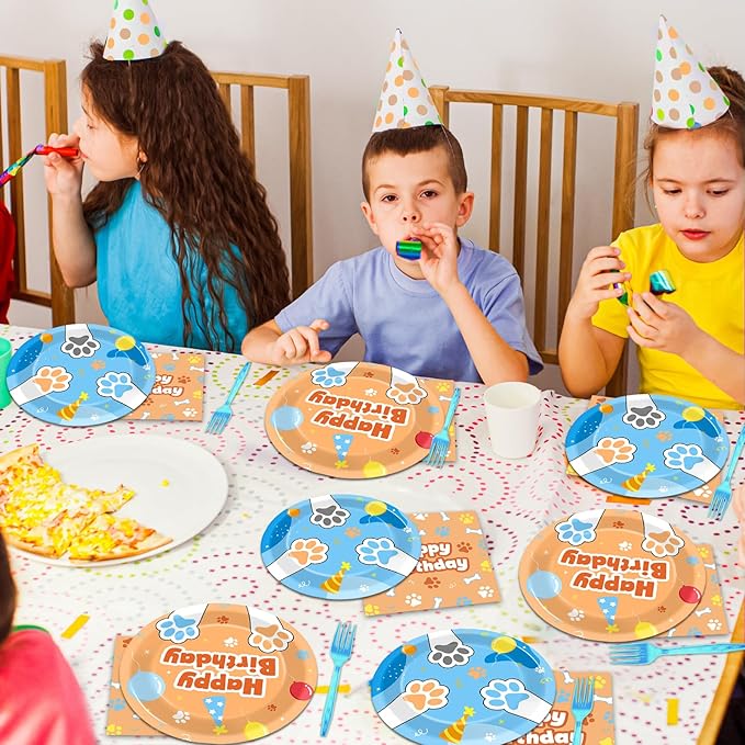 96Pcs Blue Dog Happy Birthday Party Supplies Cartoon Puppy Paper Plates and Napkins Disposable Paw Tableware Dinnerware Set for Kids Dogs Parties Decorations Favors Baby Shower Serve 24