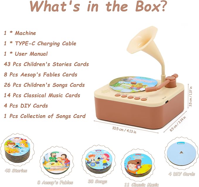 Kids Gramophone with 96 Learning Cards, Kids Storytelling Toys and Toddler Music Player, Kids Record Player Ages 3+
