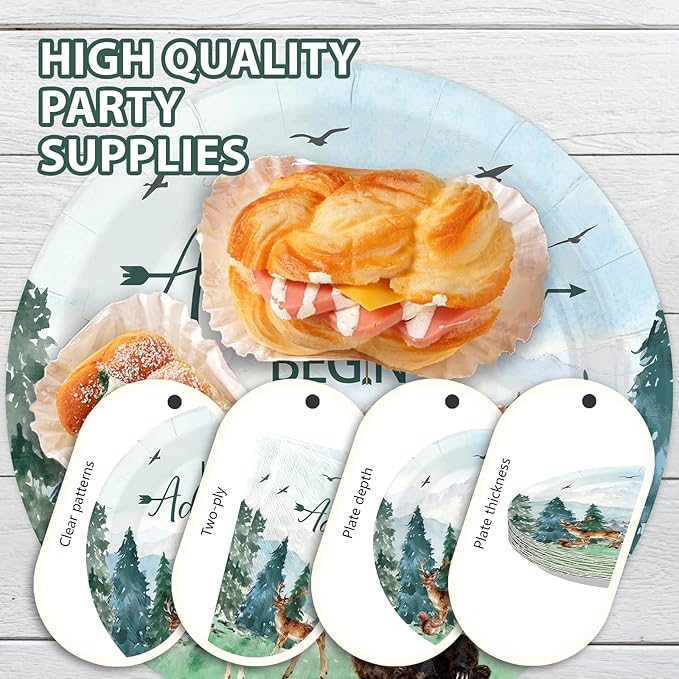 96Pcs Let The Adventure Begin Party Decorations Camping Adventure Birthday Plates and Napkins Green Mountain Wilderness Woodland Animals Decorations for Boys Girls Birthday Party Supplies Serves 24